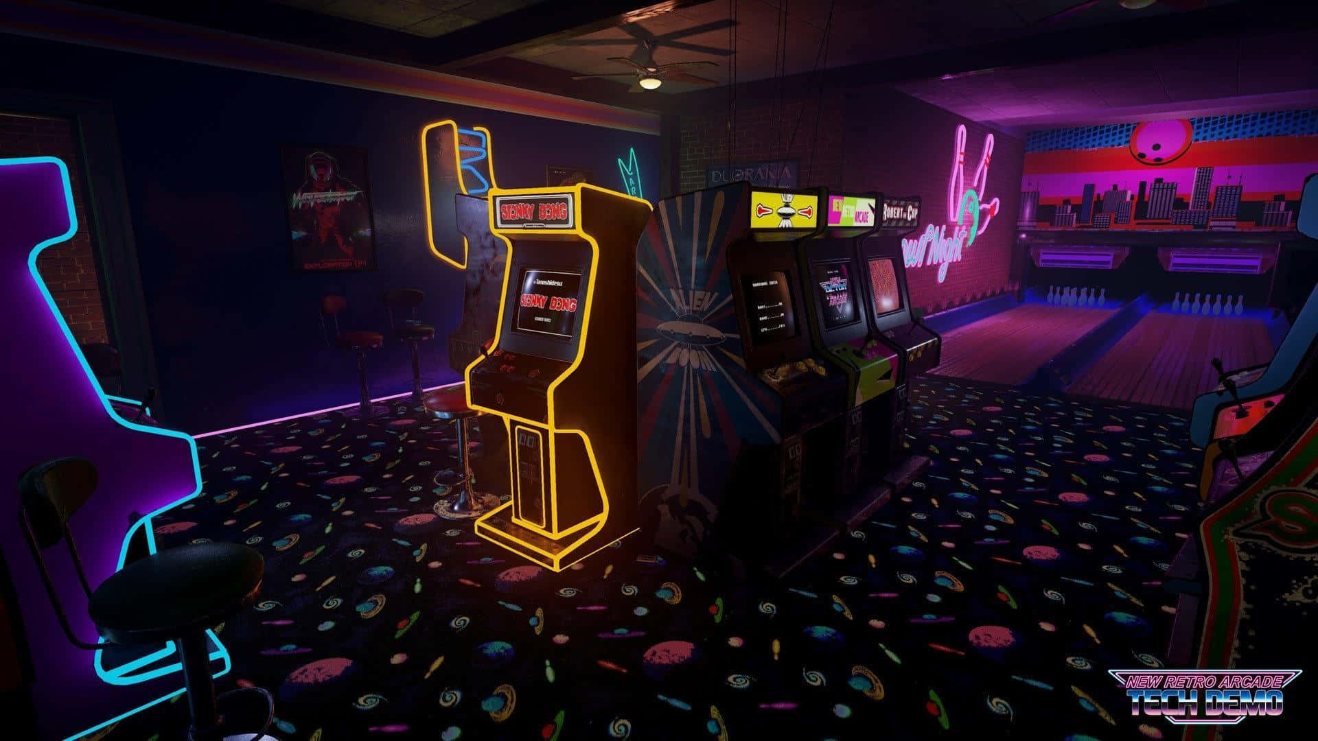 A neon lit arcade room with several games - Arcade