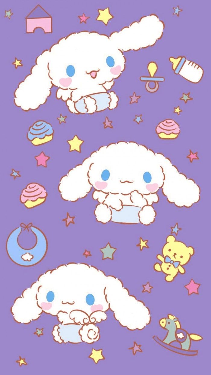 Cute wallpaper for phone, purple background, with stars and moon, with a white rabbit, and other cutesy things - Cinnamoroll