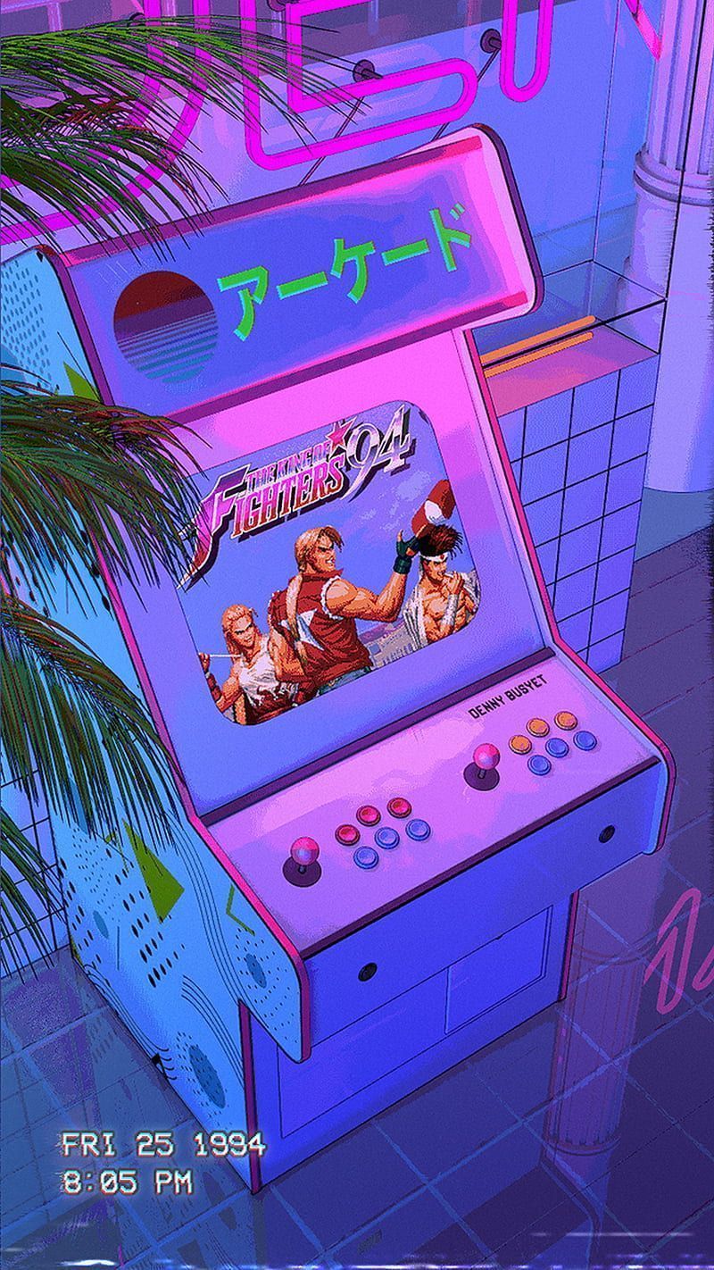 Aesthetic 1990s arcade machine in blue and pink with Japanese text on the screen. - Arcade