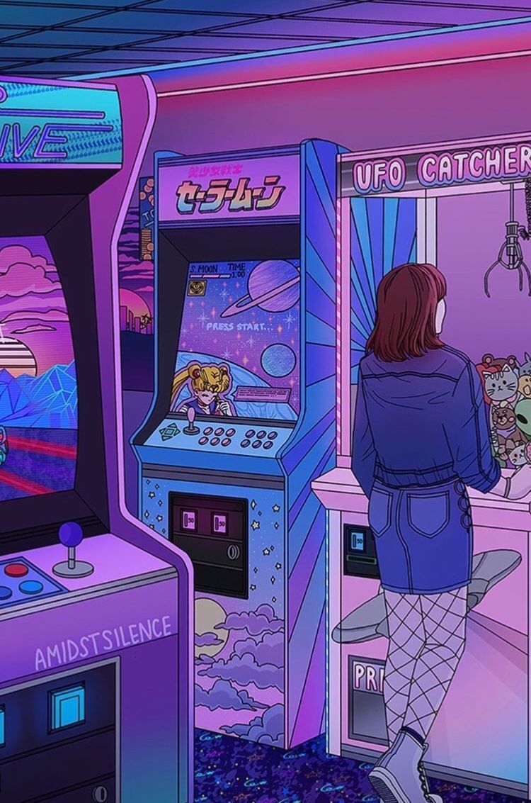 A woman playing a UFO catcher game in a purple and pink arcade. - Arcade