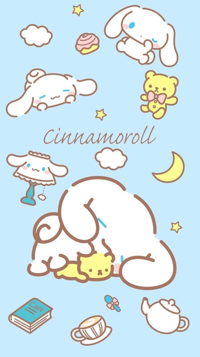 A cute Cinnamoroll phone background with his teddy bear and tea. - Cinnamoroll