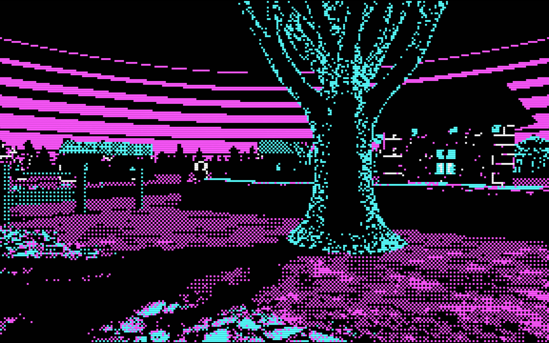 Pixelated purple and black image of a city at night - Arcade