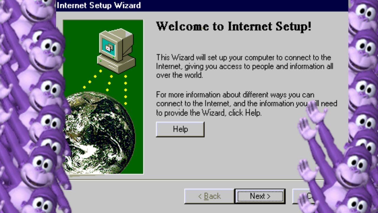 An internet setup wizard screen with a wizard waving from a computer screen. - Internetcore