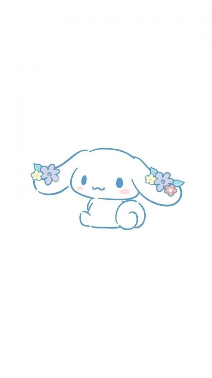 A white bunny with blue eyes and pink cheeks holding flowers in its ears - Cinnamoroll