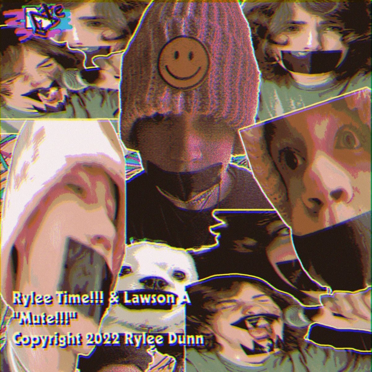 A photo collage of Rylee Dunn, a young white woman with short brown hair, wearing a beanie with a smiley face on it. She is surrounded by other photos of her, distorted and with a green and pink filter. - Internetcore