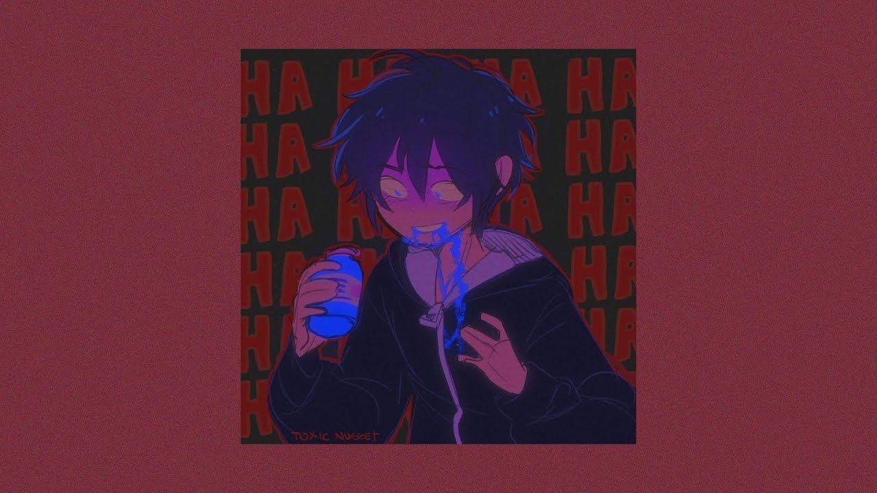 An anime character with black hair and a black hoodie, holding a blue object and laughing maniacally. - Internetcore