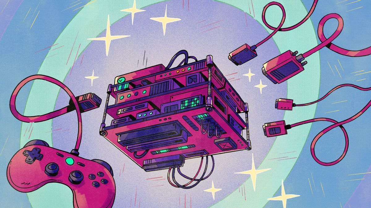 A pink cube of servers, with a pink game controller attached to one side, floats in space. - Arcade, gaming