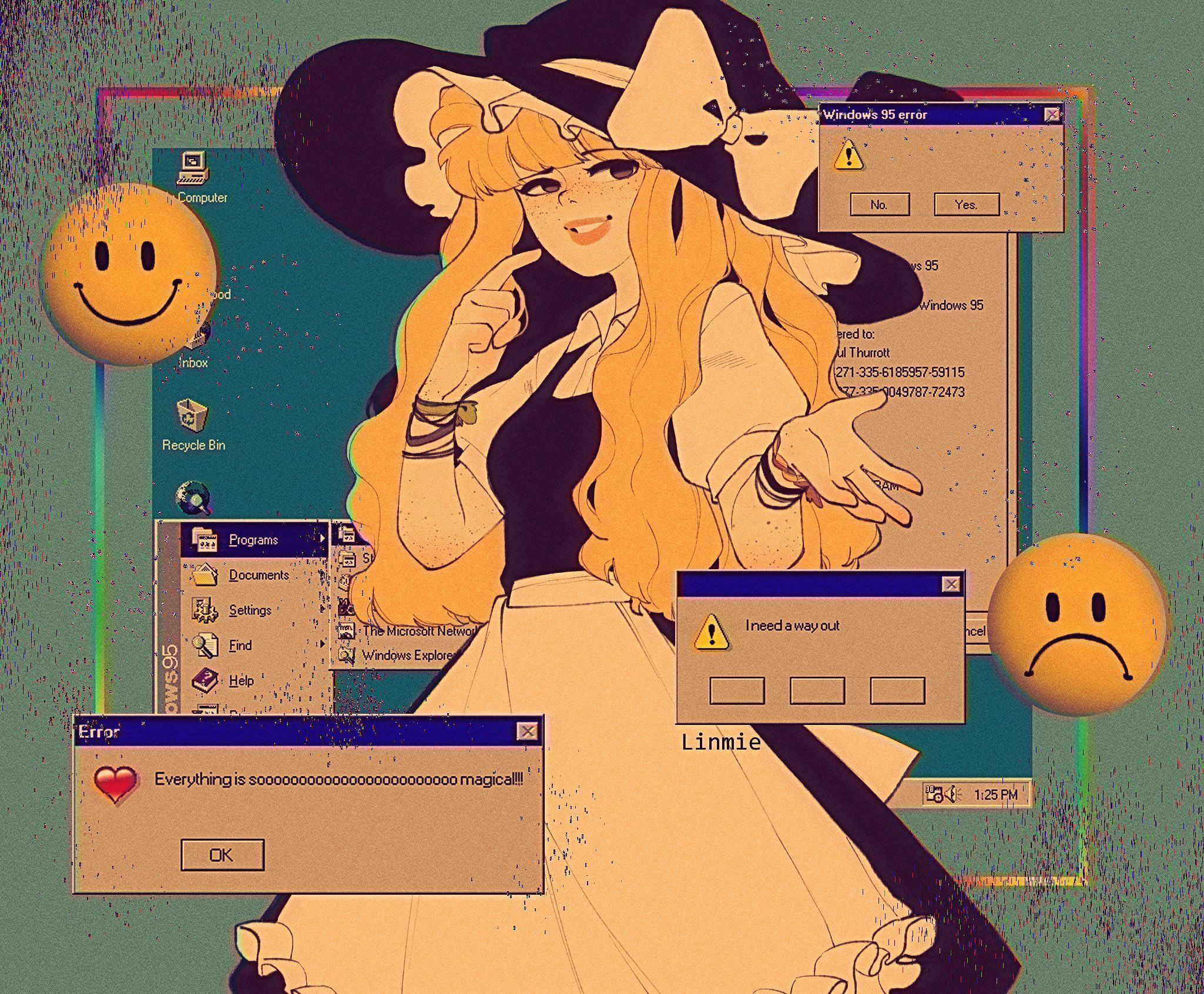 A digital illustration of a blonde witch with a sad face emoji and a happy face emoji. - Internetcore