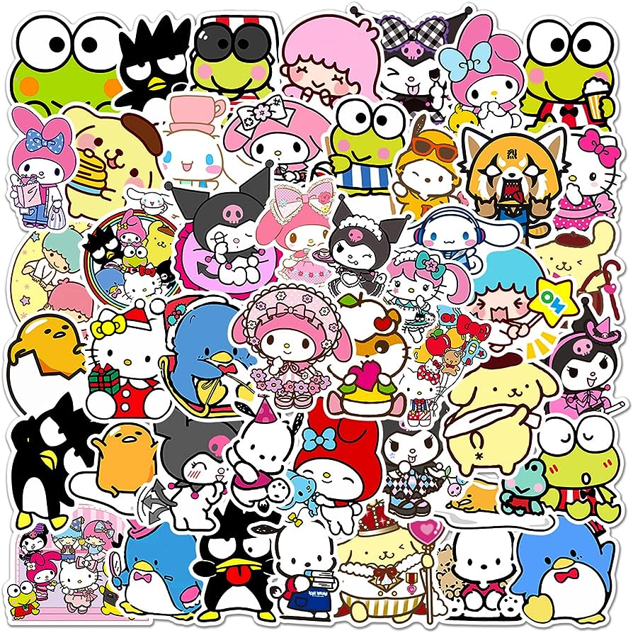 Kawaii MyMelody and Hellokitty Stickers 50Pcs Cartoon Cinnamoroll, Pompompurin Keroppi, Pochaco Sticker for Water Bottle Waterproof Label Stickers for Laptop Gift for Notebook/ Car/ Bicycle/ Skateboards/ Luggage Decoration