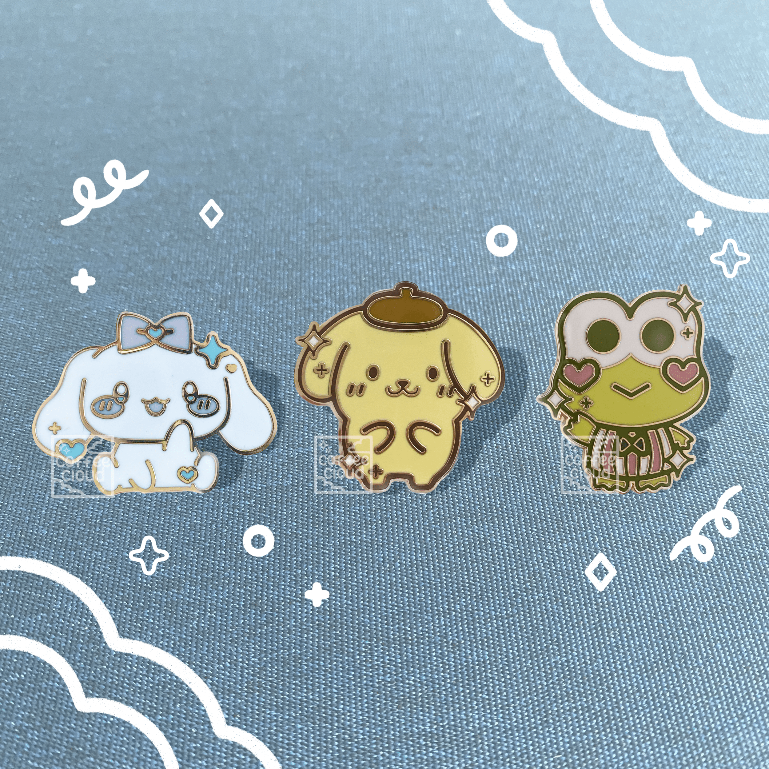 Three enamel pins featuring a dog, a cat, and a frog. - Cinnamoroll