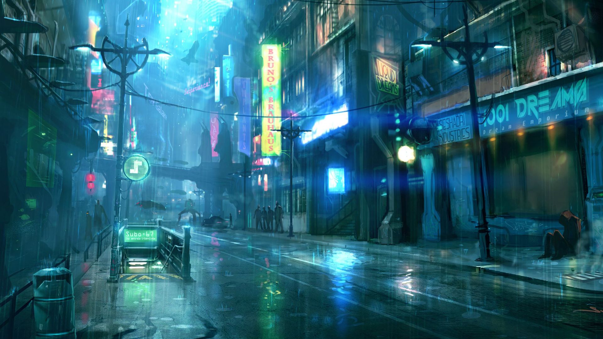 A dark alley with neon lights and people walking - Cyberpunk