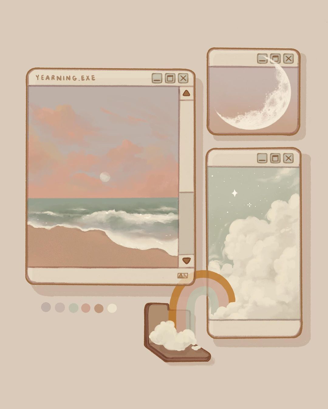 Aesthetic phone background illustrations of the beach, moon, and clouds - Illustration