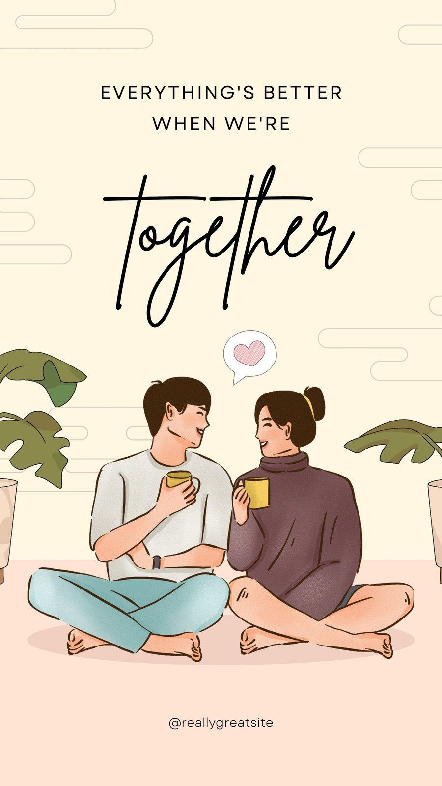 A couple sitting on the floor, drinking coffee, and talking. - Illustration