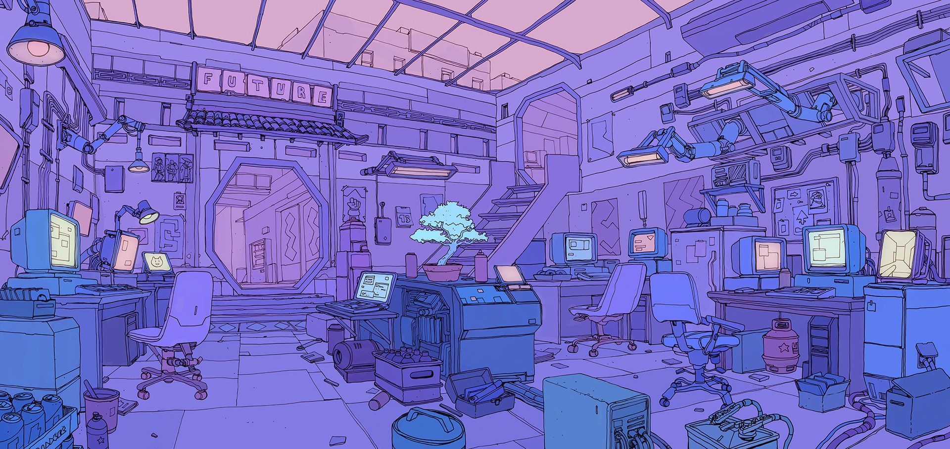 A room filled with computers and a bonsai tree in the center. - Illustration