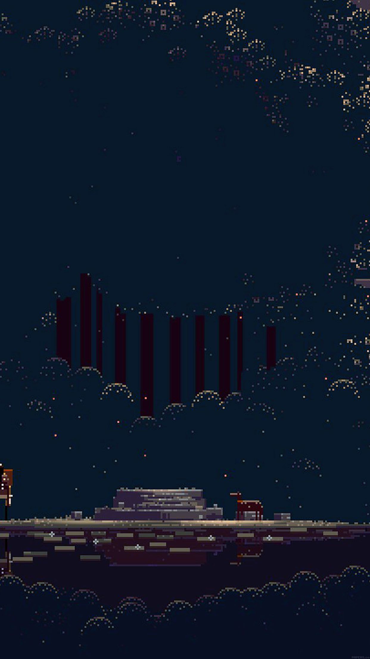 A pixel art wallpaper of a ship in the night sky - Nintendo