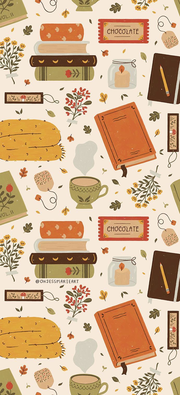 Wallpaper phone autumn themed with books, flowers, leaves, a cup of tea and chocolate - Illustration