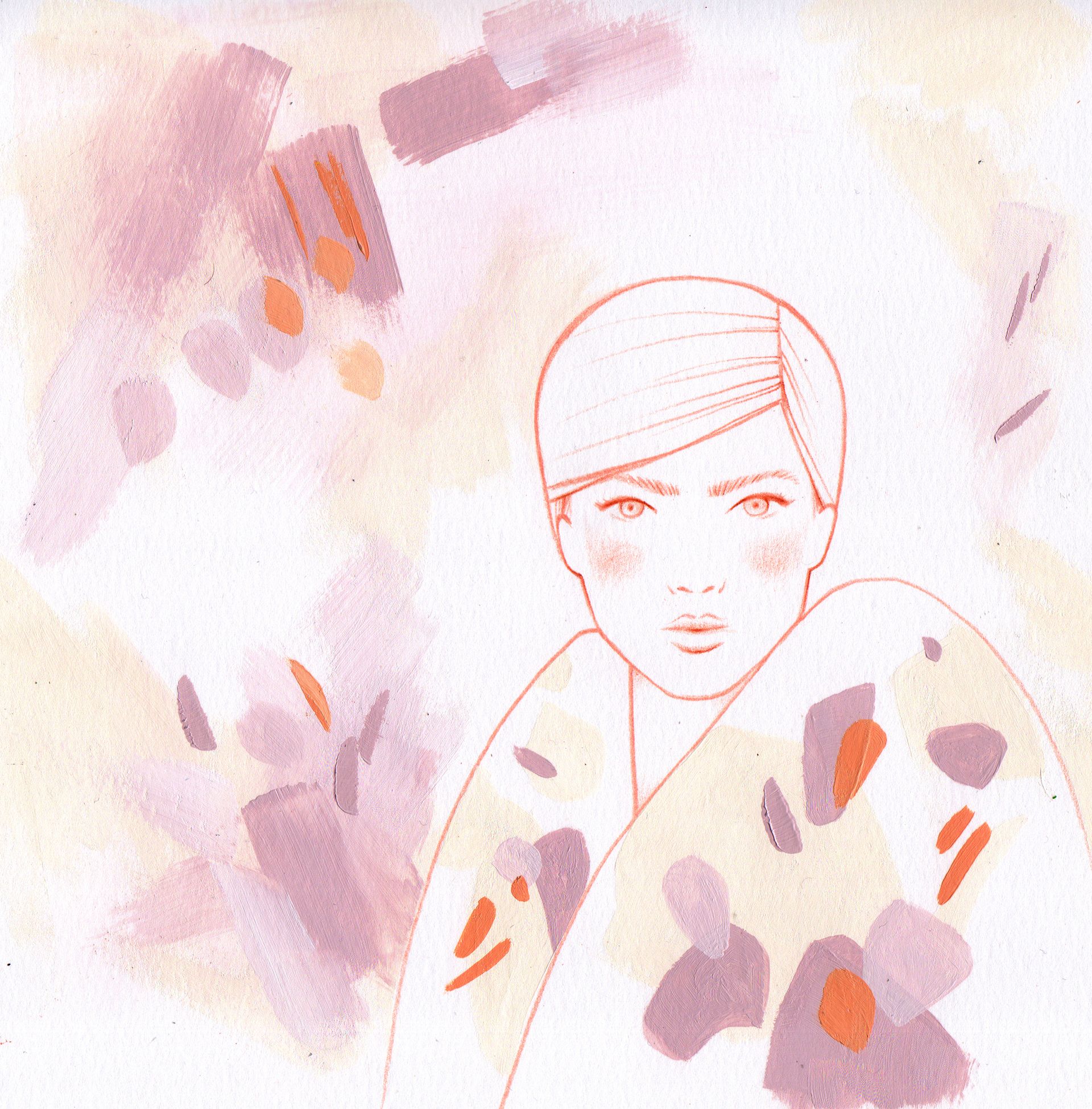 A woman with a pink and orange abstract background - Illustration
