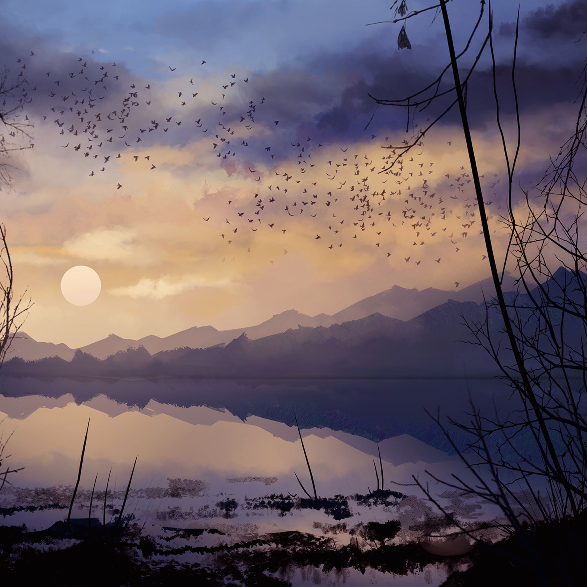 A painting of a flock of birds flying over a lake - Lake