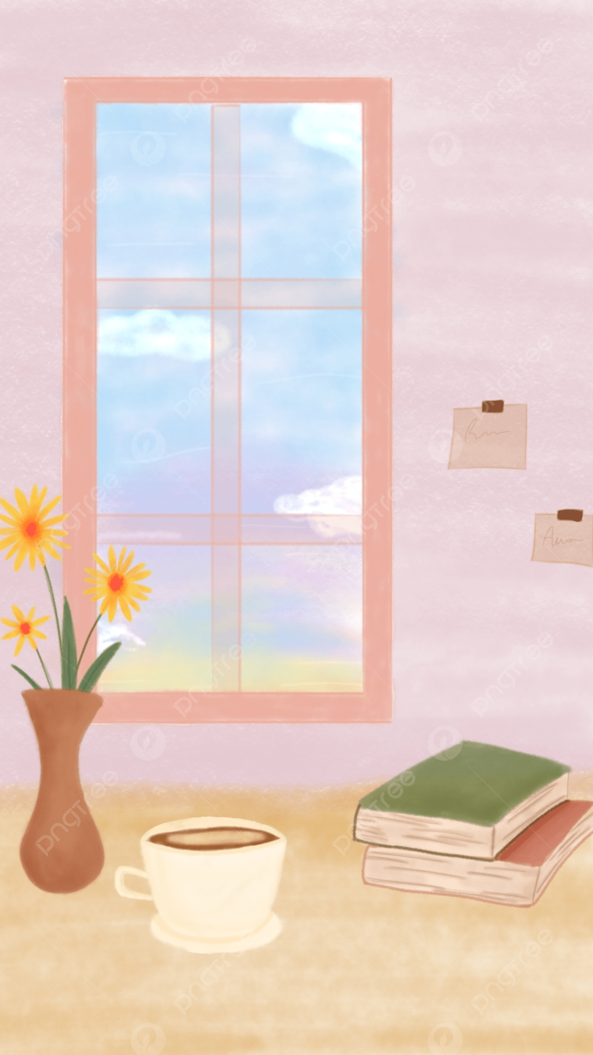 A painting of a window with a vase of flowers and a cup of coffee on the sill. - Illustration