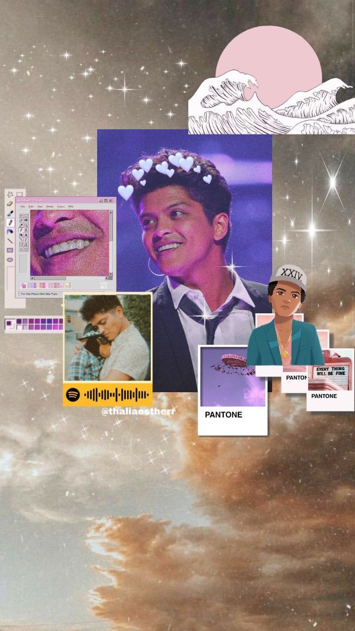 A collage of Bruno Mars photos and images of his music. - Bruno Mars