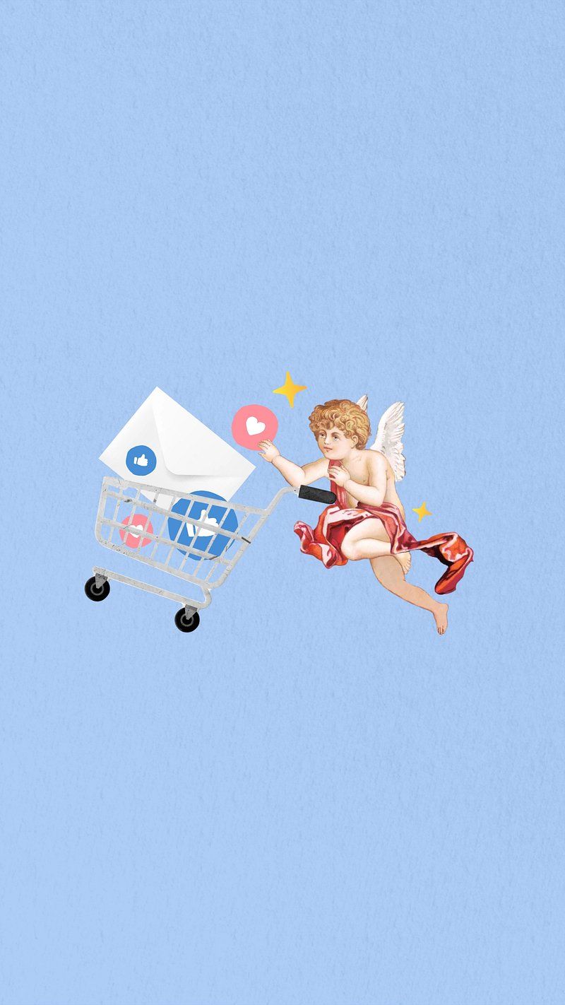 A small angel pushing a shopping cart with Facebook, Instagram, and Twitter logos. - Cupid