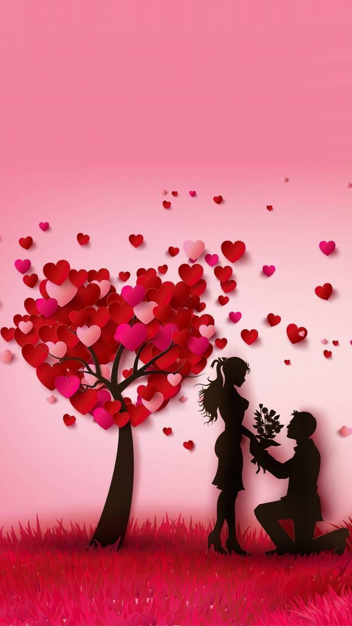 Wallpaper of a man proposing to a woman under a tree of hearts - Cupid