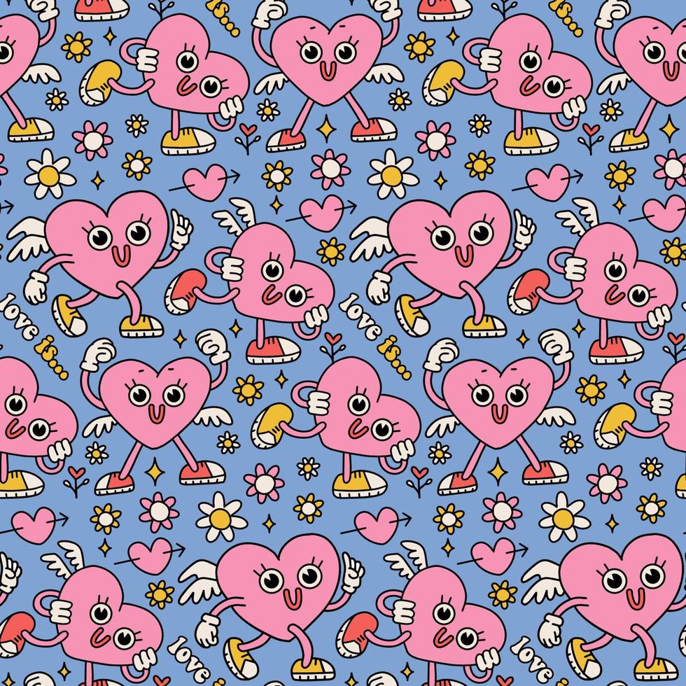 Y2k pink and blue Valentine s day semless pattern. Heart characters with floral hippie elements in trendy 90s style aesthetic. Valentine groovy conception. Stupid cupid. Line art vector in weird style 17170795
