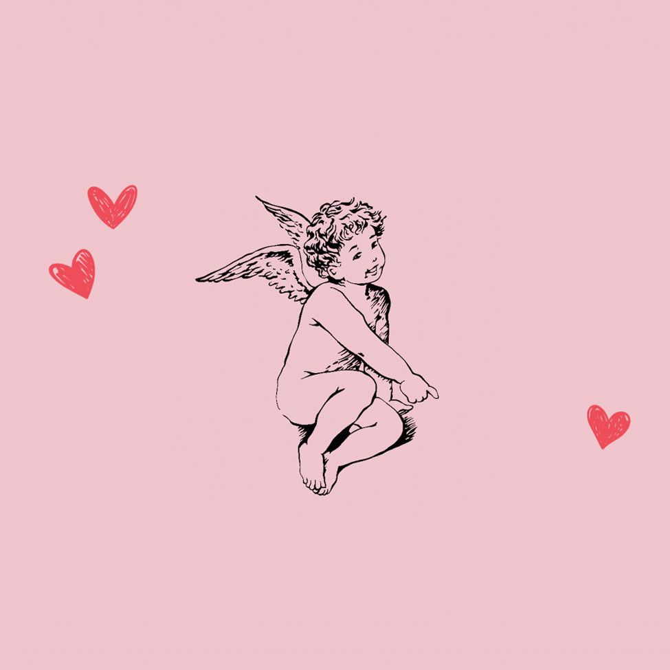 A drawing of a small cherub holding a heart on a pink background - Cupid