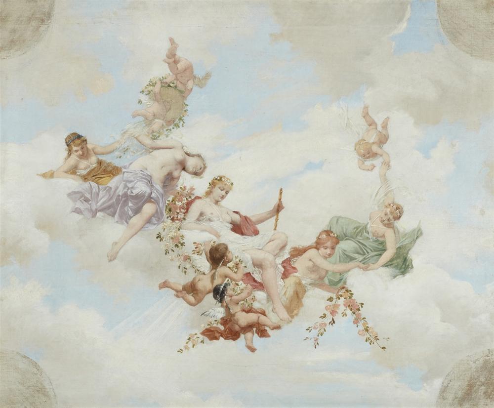 A group of cherubs float on a cloud in the sky. - Cupid