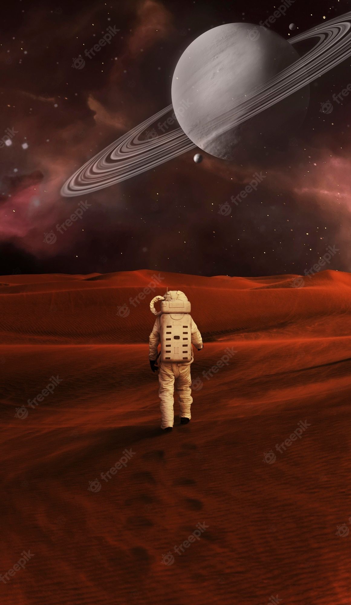 An astronaut walking on a planet with a planet in the background - Mars