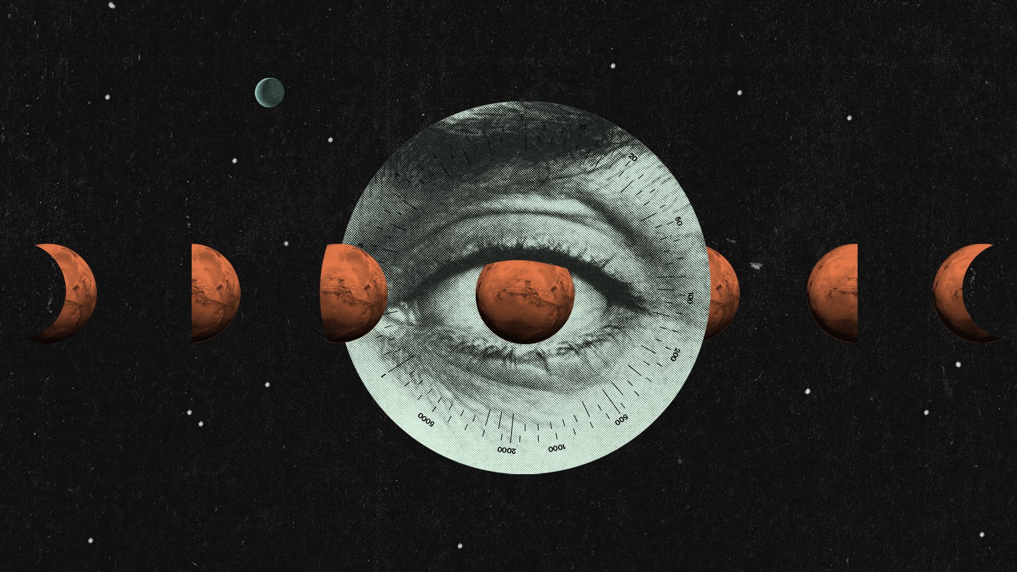 An eye with planets for pupils and the phases of the moon around it - Mars