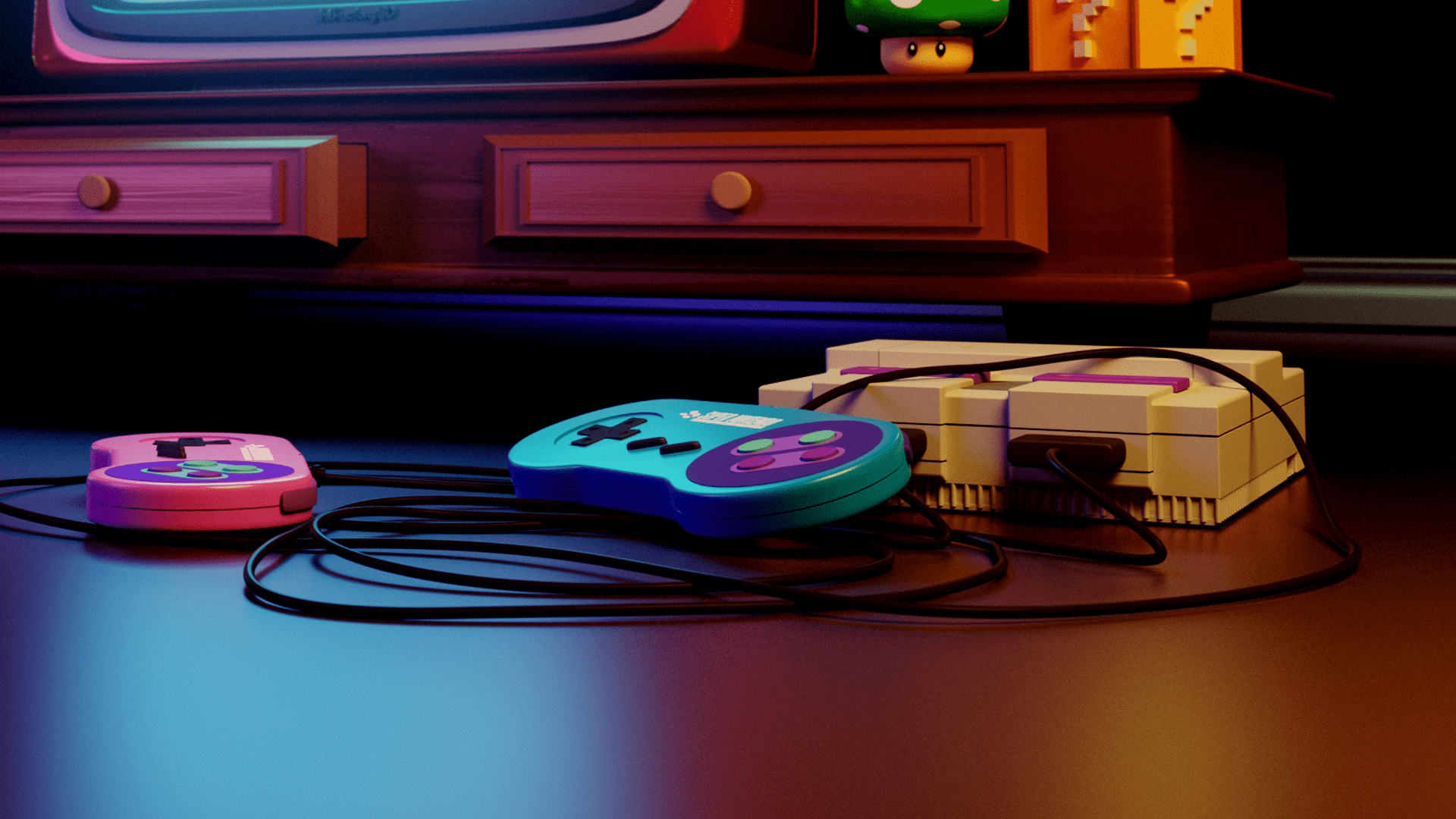 A Super Nintendo Entertainment System sits on the floor next to a TV. - Nintendo