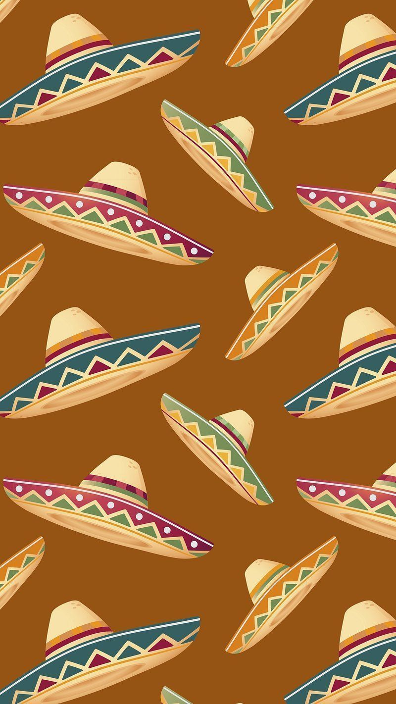 A brown wallpaper with colorful sombreros all over it. - Mexico