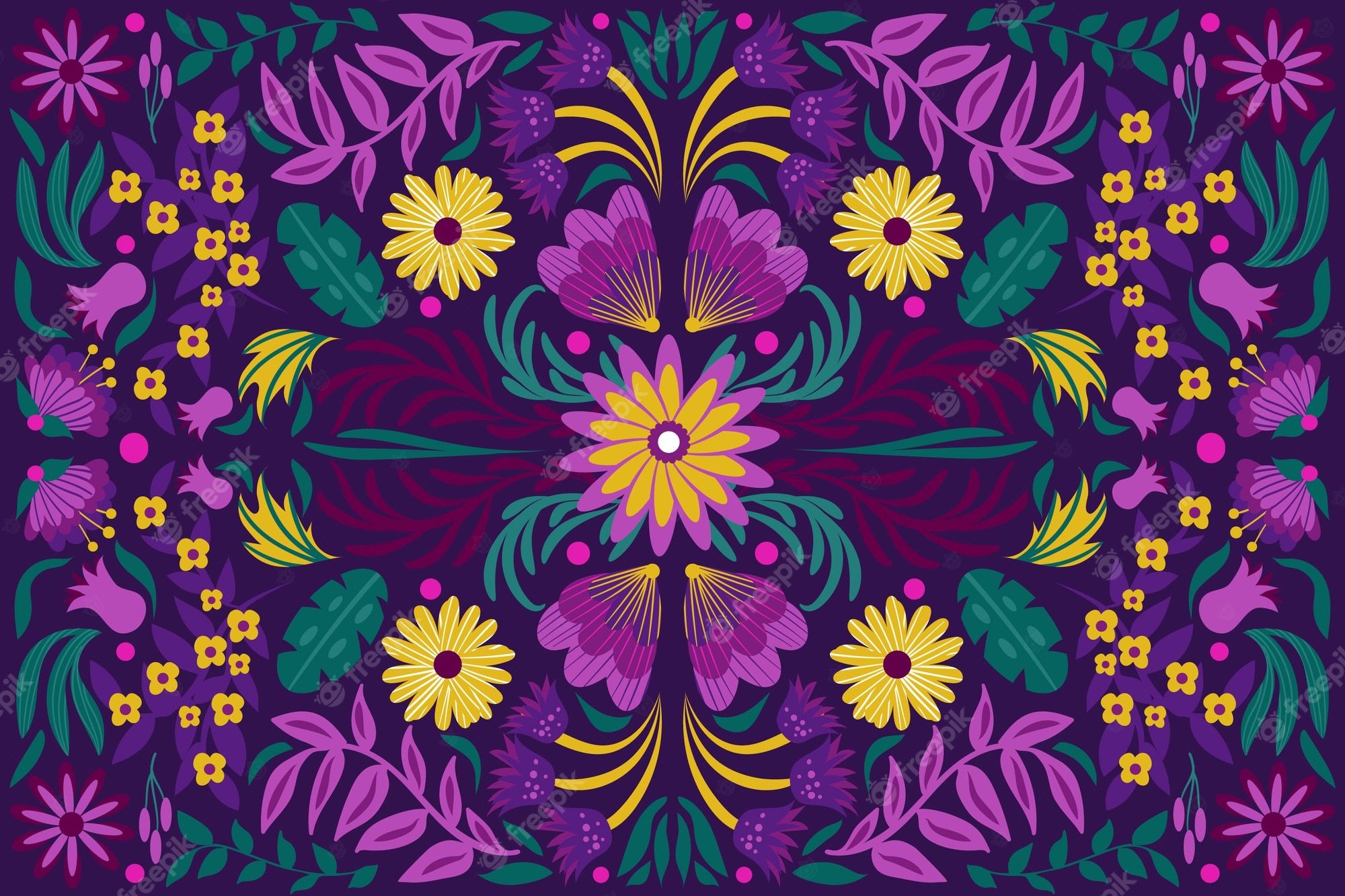 A colorful floral pattern with purple, yellow, and green flowers on a dark purple background. - Mexico