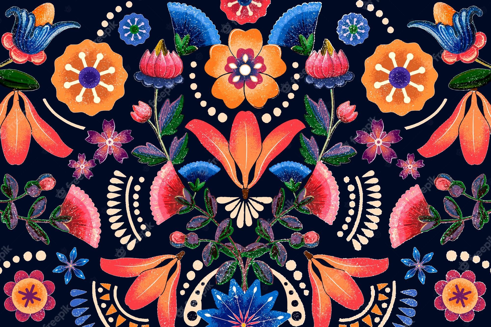 A colorful pattern with flowers and leaves on a dark blue background - Mexico