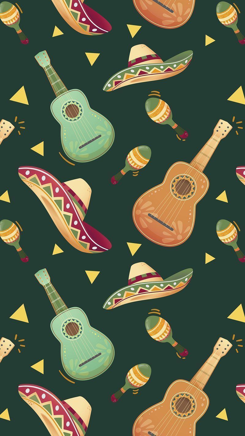 A pattern of sombreros, maracas, and guitars on a dark green background. - Mexico