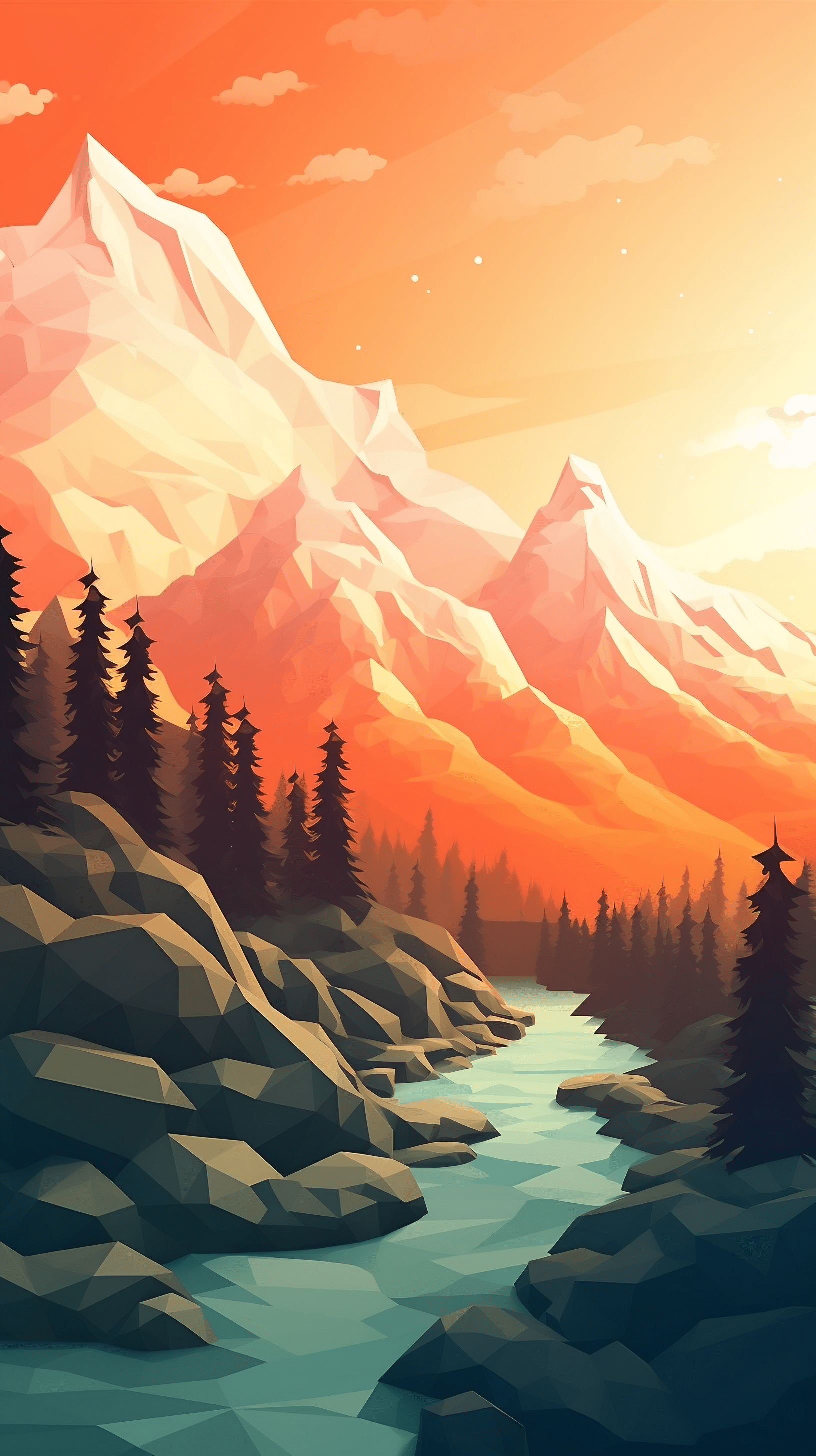 A digital painting of a river running through a mountain valley - Low poly, mountain, landscape, sunset, forest, river