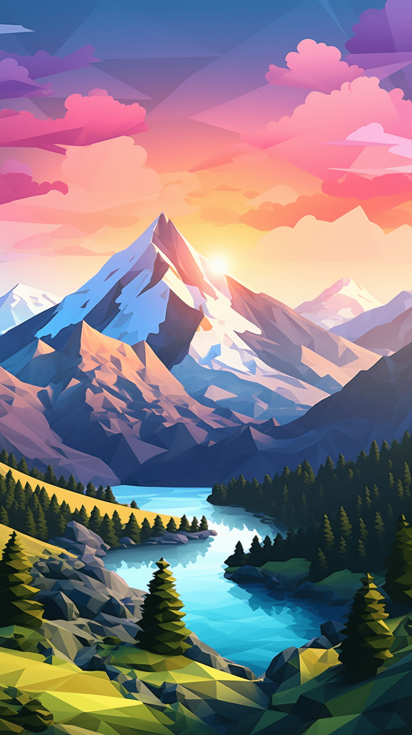 A beautiful landscape of a mountain range with a lake in the foreground - Low poly, sunset, landscape, mountain, river, forest, phone