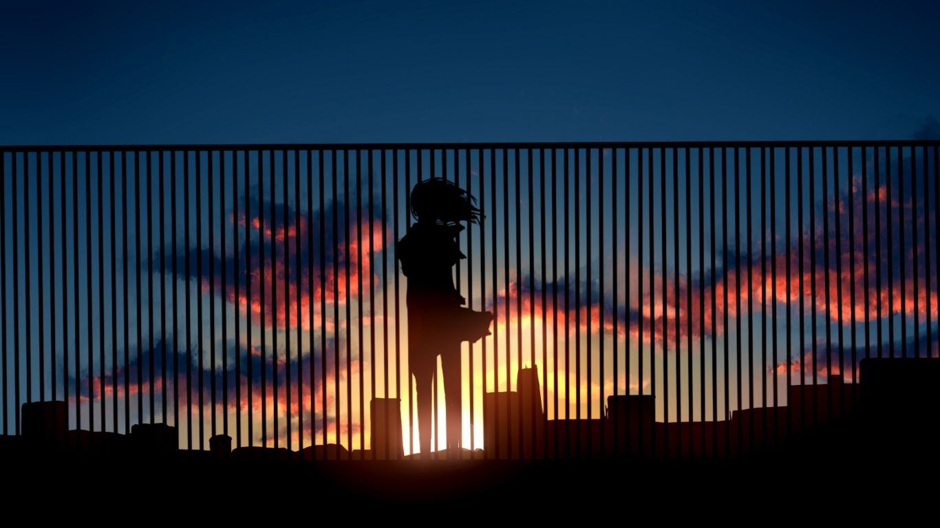 A man is silhouetted against a sunset behind a fence - 1366x768