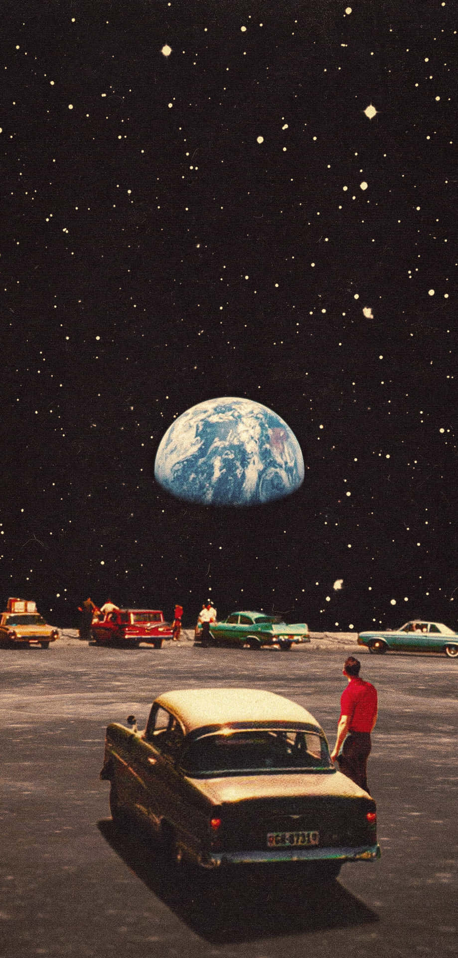 A collage of a man standing in a parking lot on the moon looking at the earth. - Retro, vintage