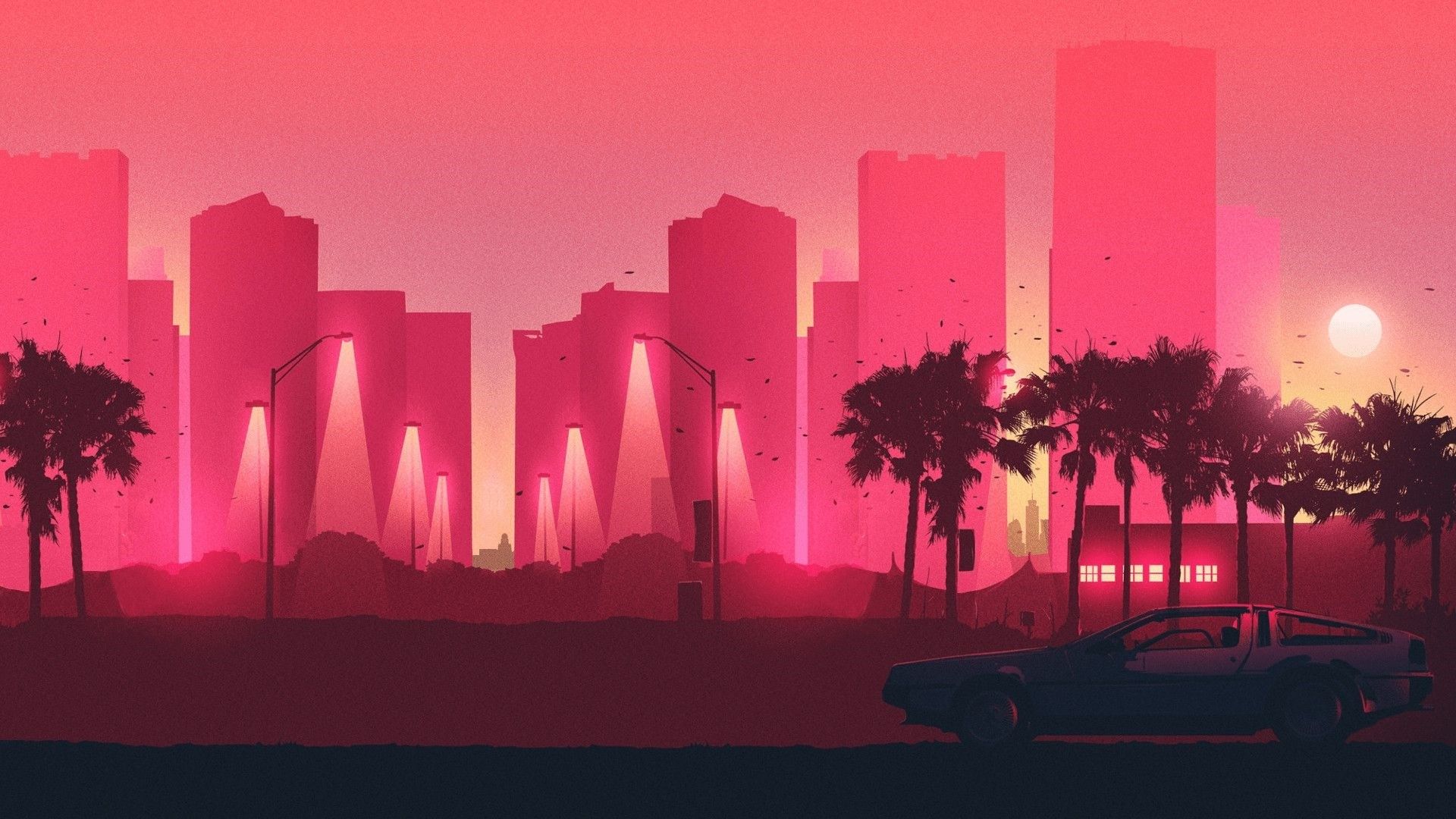 A car is driving through a city with palm trees and a pink sky - Retro