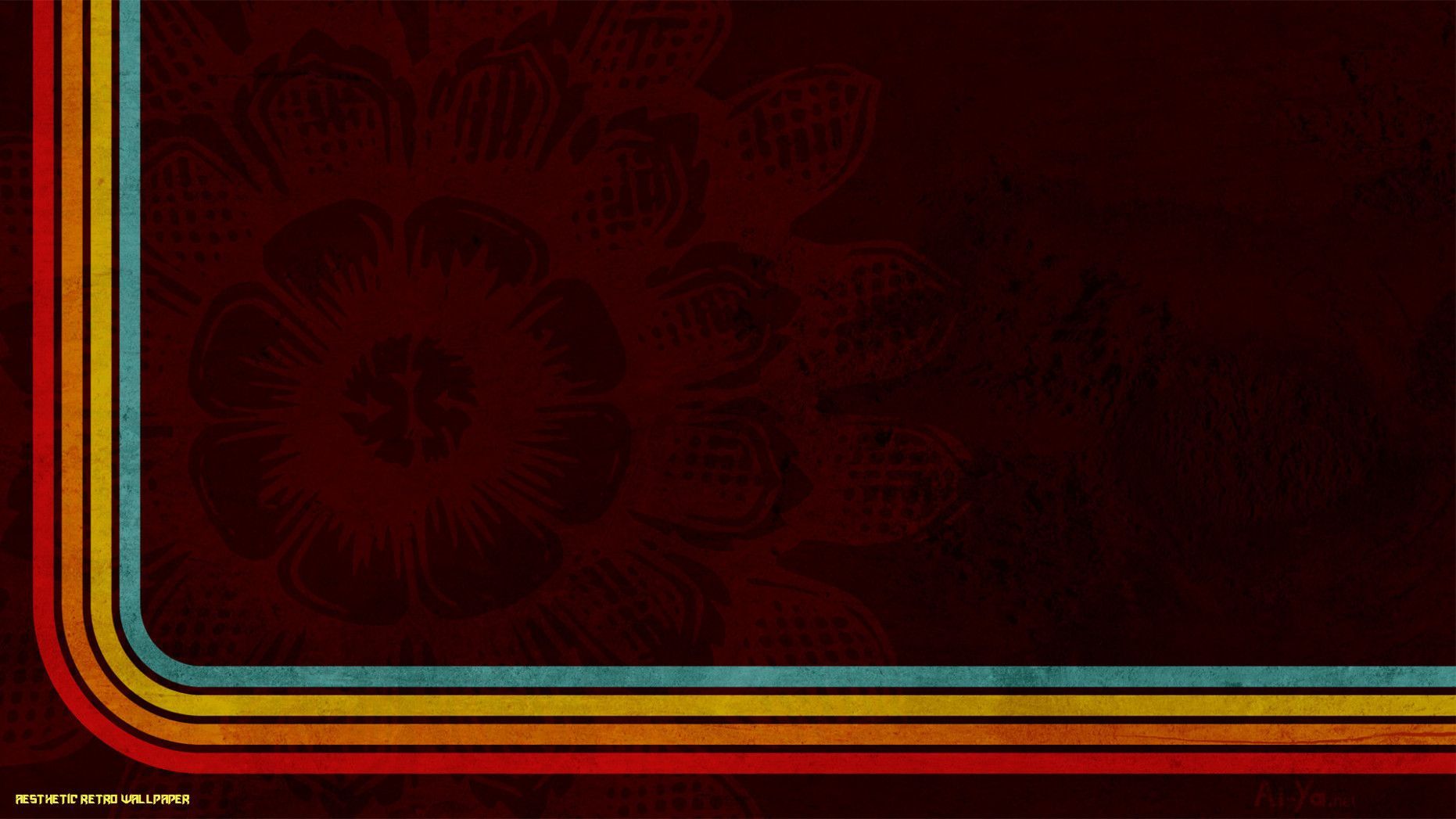 A retro wallpaper design with a dark red background and a colorful border. - Retro