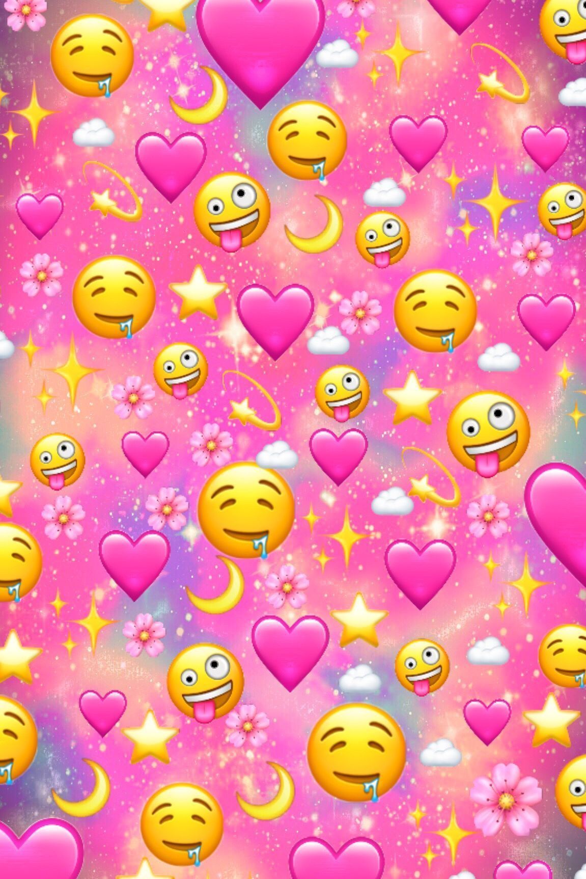This is a picture of a pink emoji wallpaper with hearts, stars, and clouds. - Emoji