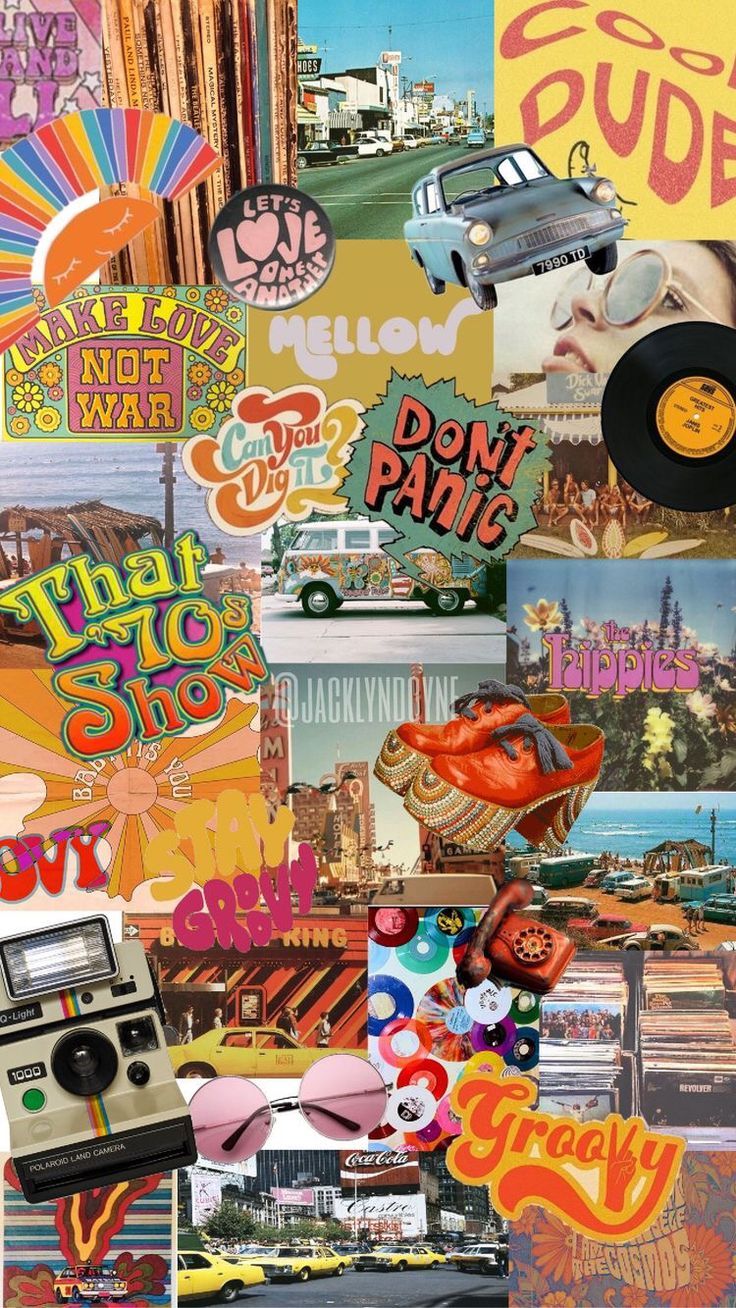 A collage of 70s themed images including cars, records, polaroid cameras, and more. - Retro