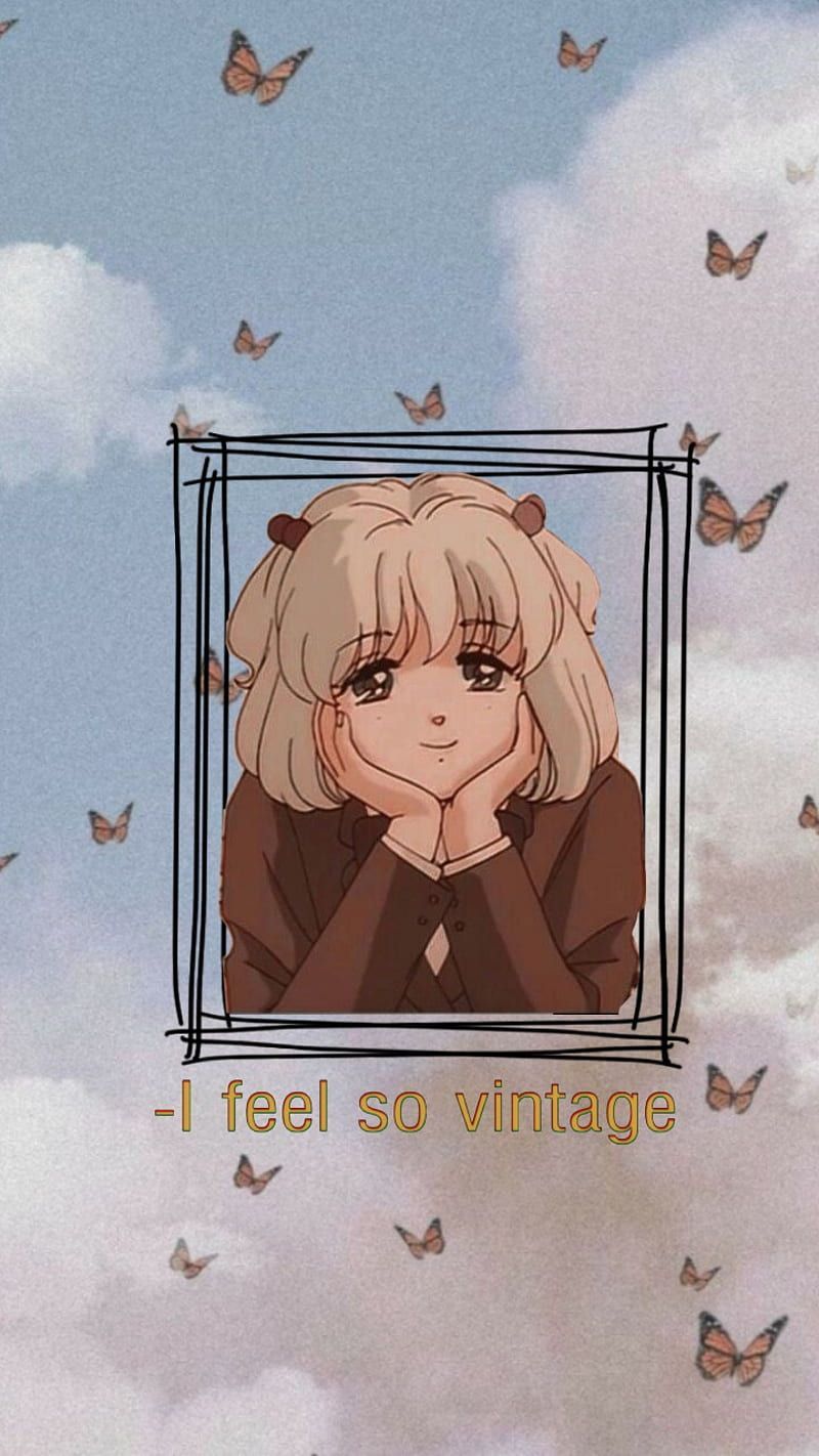 Aesthetic anime wallpaper for phone with a girl and butterflies - Retro, vintage