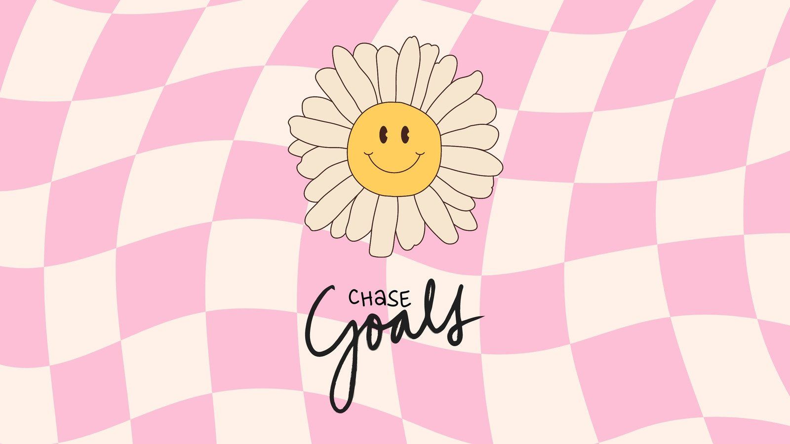 A happy daisy on a pink and white checkered background with the words 