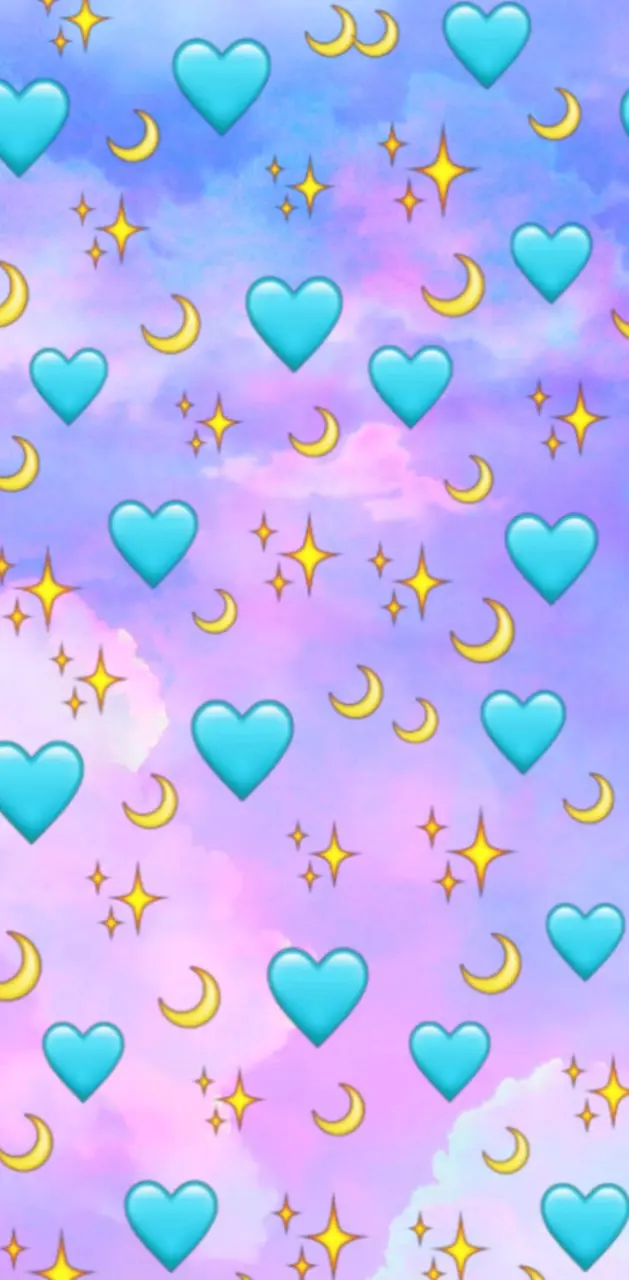 Aesthetic phone background with blue hearts, yellow stars, and pink clouds - Emoji