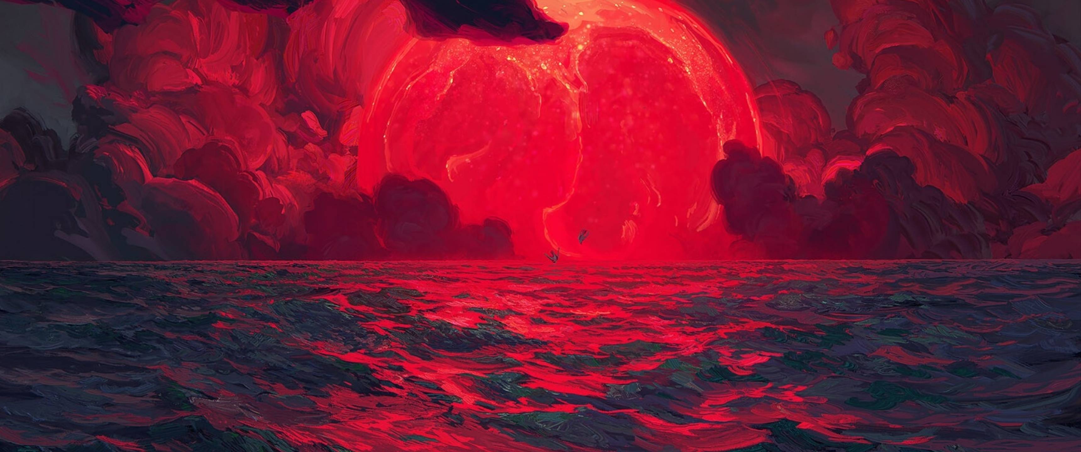 A red sun sets over a dark sea - 3440x1440
