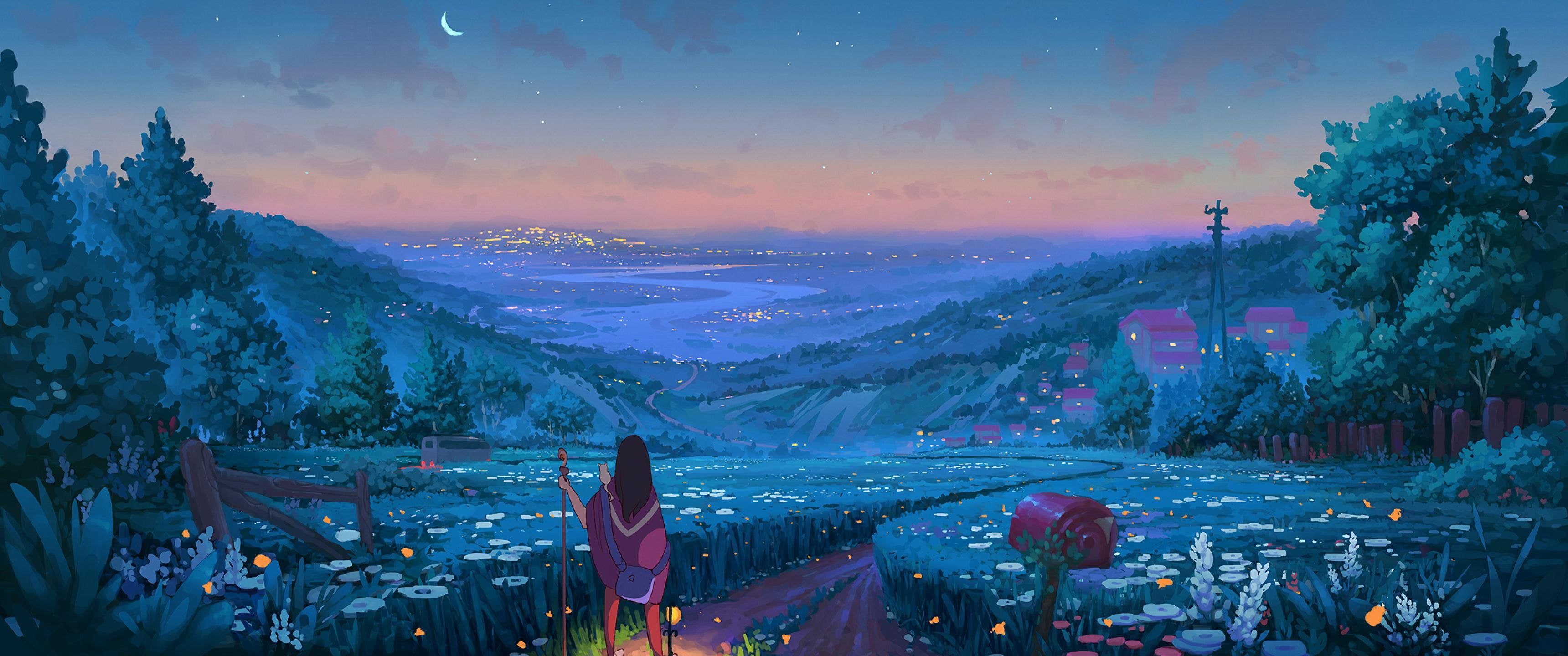 A beautiful anime landscape with a girl sitting on a chair in the foreground - 3440x1440