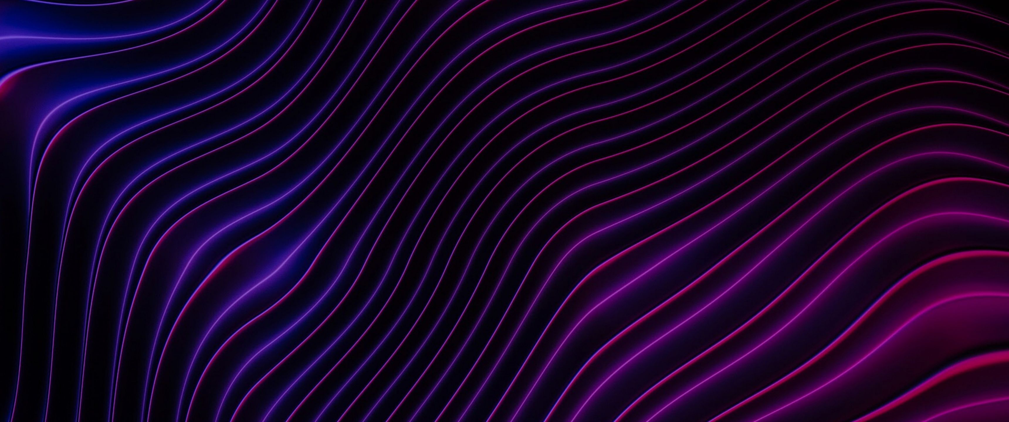 A purple and blue abstract image with wavy lines - 3440x1440